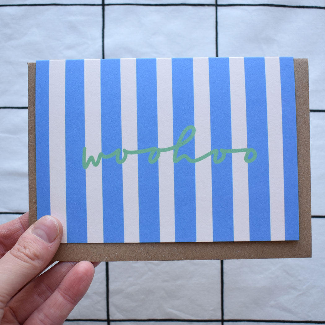 Woohoo Blue And Cream Striped Card